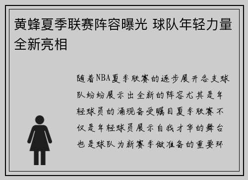 黄蜂夏季联赛阵容曝光 球队年轻力量全新亮相