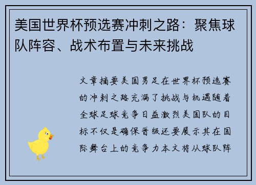 美国世界杯预选赛冲刺之路：聚焦球队阵容、战术布置与未来挑战